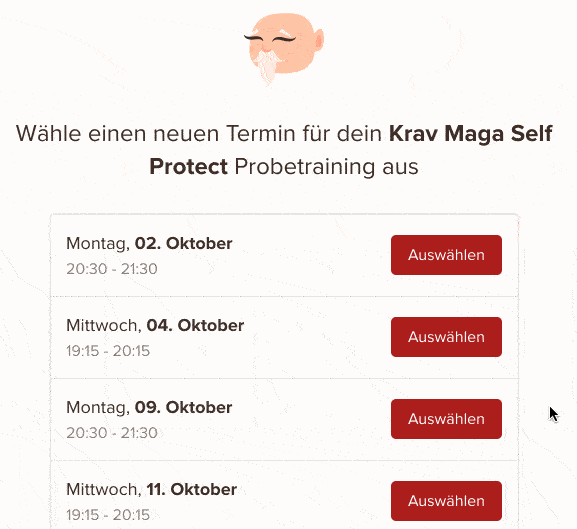 Interessent wählt einen neuen Termin für ein verpasstes Probetraining aus