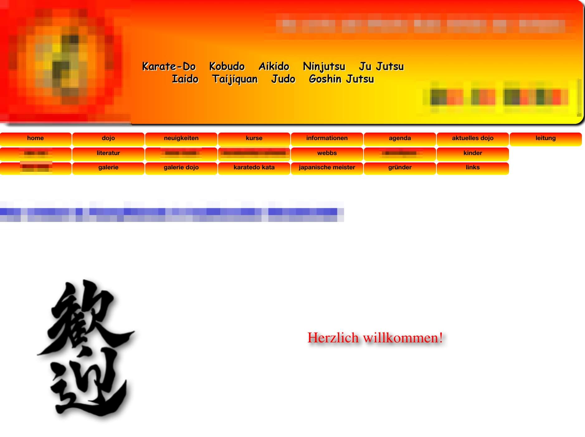 Veraltete Kampfsport Webseite mit beinahe zwei Dutzend Navigationspunkten