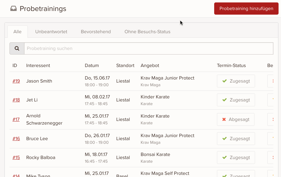 Probetrainings können nun manuell im Admin-Panel eingetragen werden