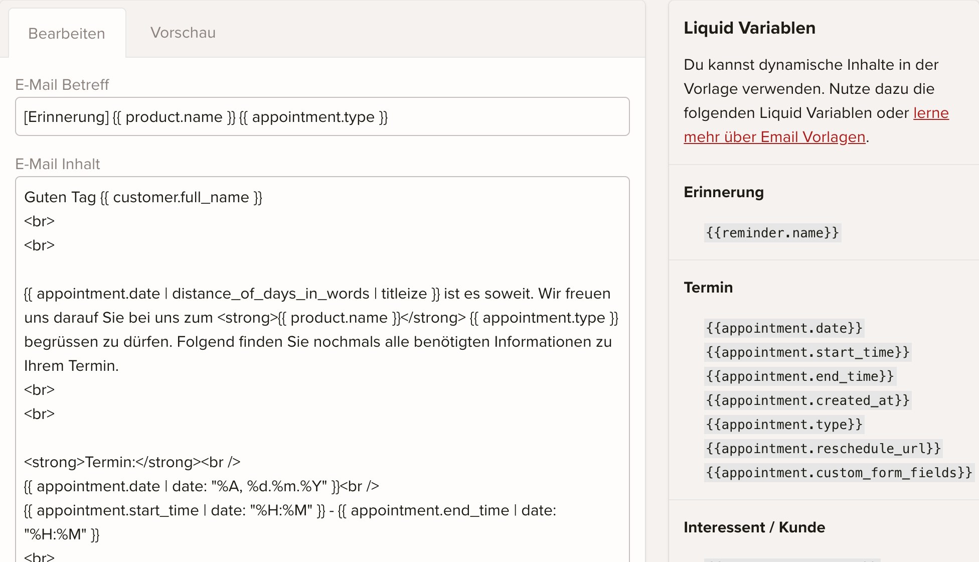 keinaufwand E-Mail Vorlagen Editor Screenshot