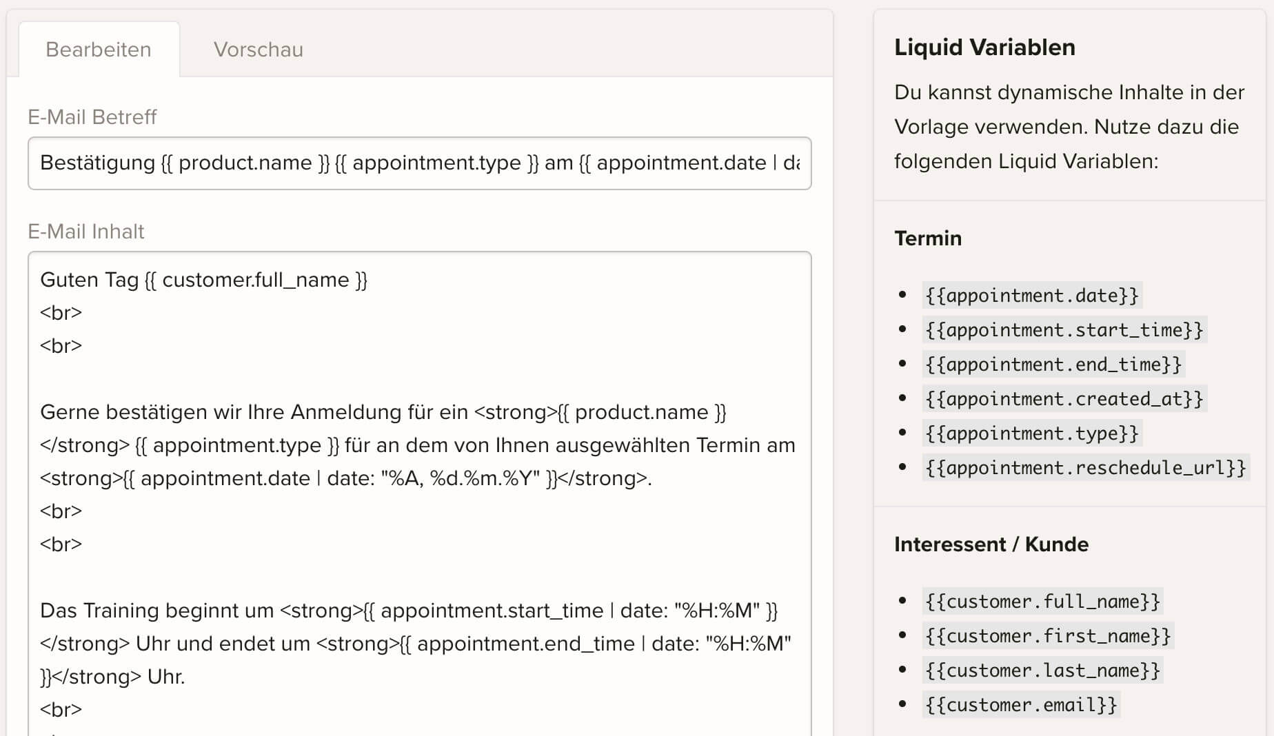 keinaufwand E-Mail Vorlagen Editor Screenshot